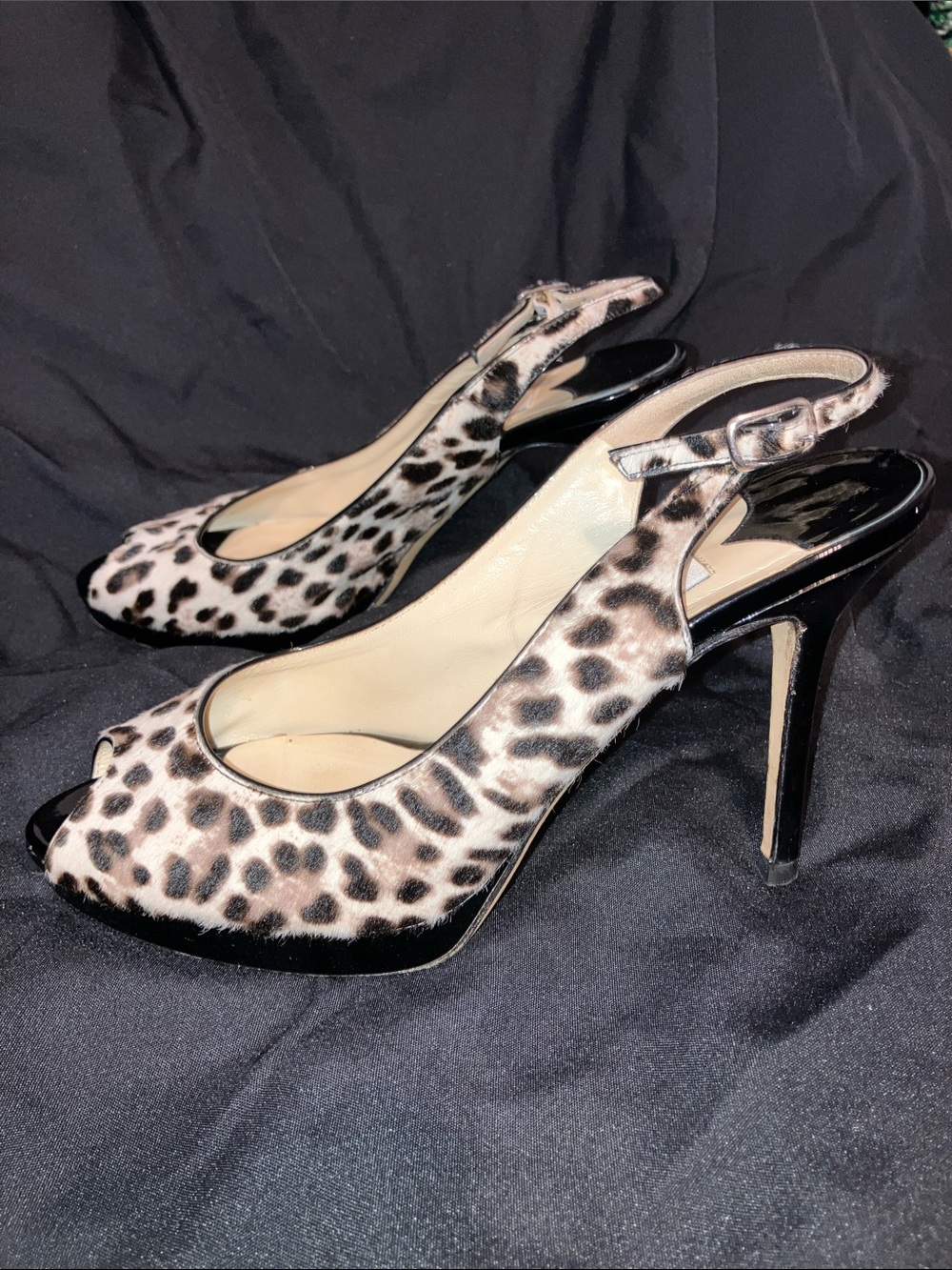 Jimmy Choo Leopard Print Calf Hair Real Fur Nova Peep-Toe Slingback Heels - Picture 4 of 10